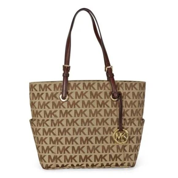 Michael Kors Khaki Signature Canvas Double Handles Tote Bag - Picture 1 of 16